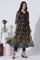 Black Floral Printed Flared Kota Kurta, Pants And Dupatta Set