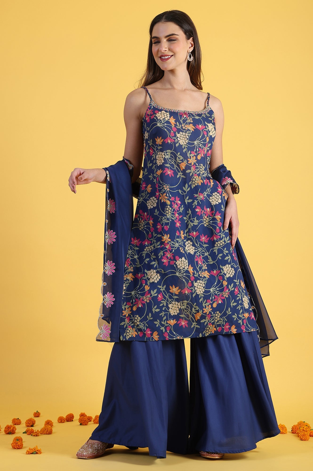 Blue Printed Metallic Embroidery Straight Kurta & Sharara with Dupatta Set