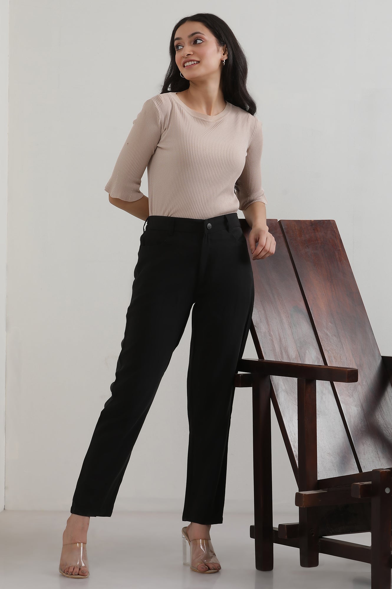Black Solid Straight Fit Rayon Pants With Button Closure