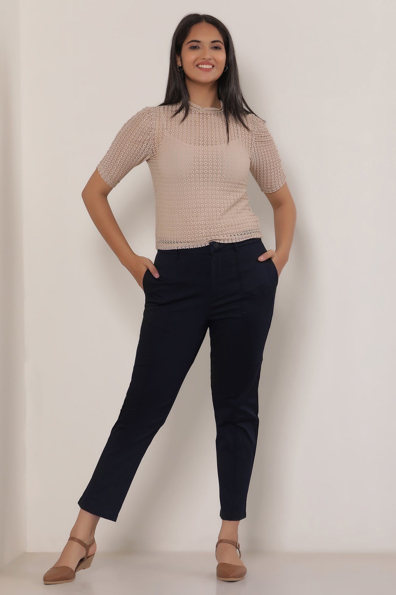 Black Solid Straight Fit Cotton Pants With Button And Zip Closure