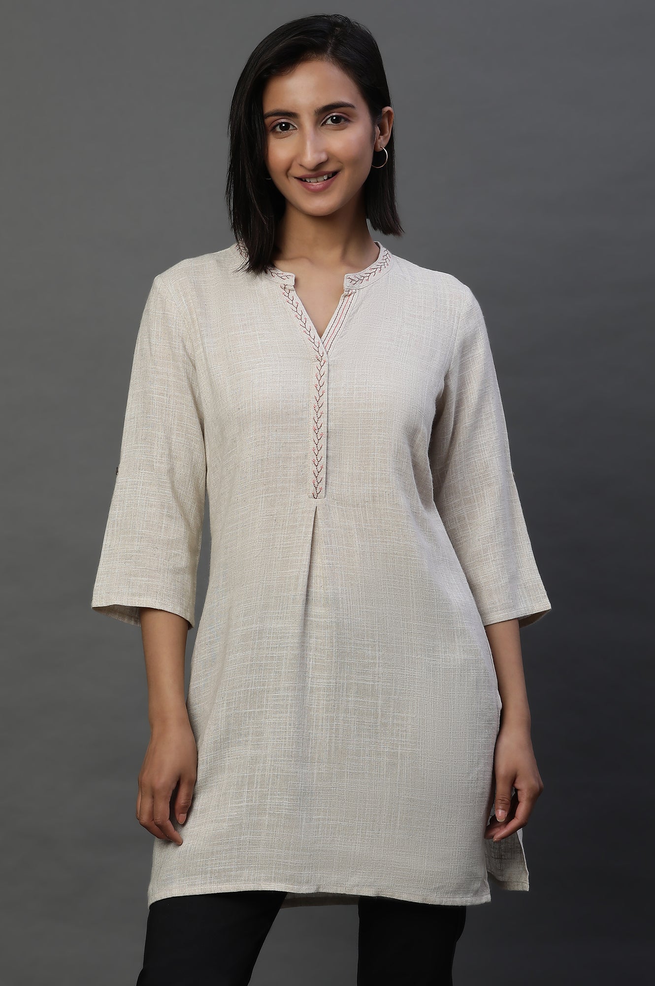 Beige Sequined Short Fusion Kurti