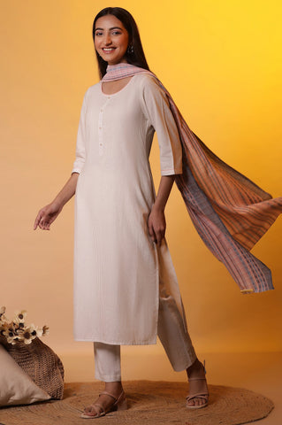 Beige Yarn-Dyed Checkered Kurta and Palazzo Set