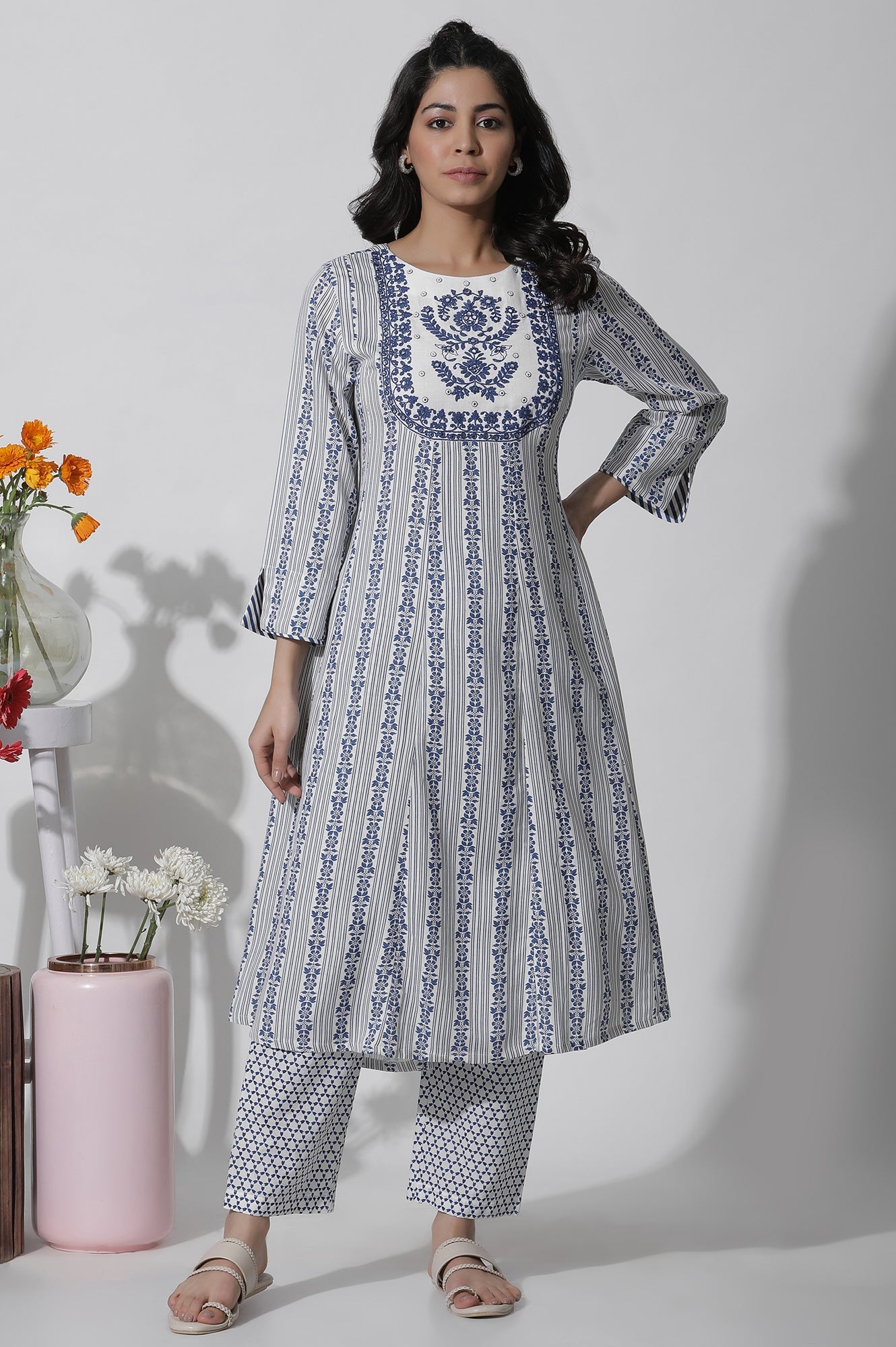 White Flared Kurta With Blue Prints