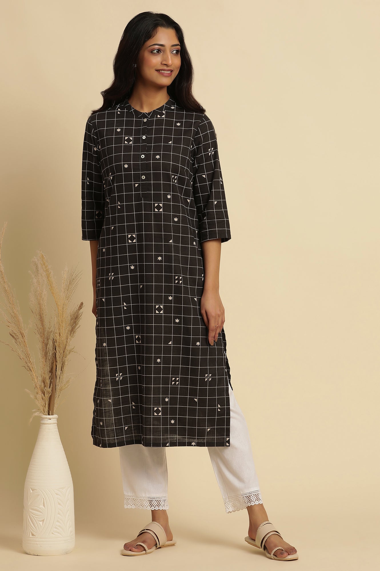 Black Cotton Geometric Printed Summer Kurta