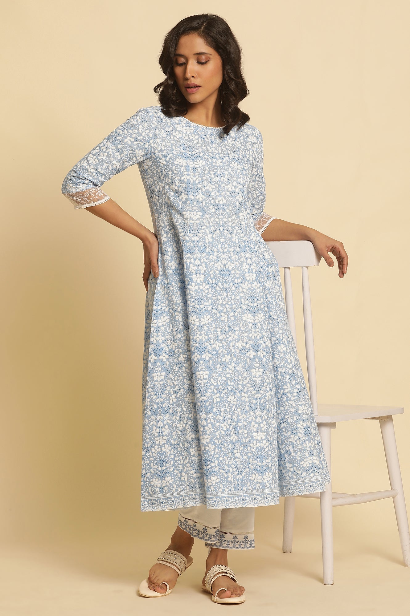 Light Blue Floral Printed Flared Kurta