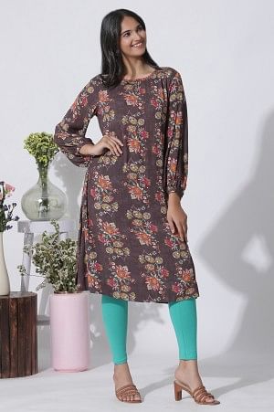 Dark Brown Floral Printed Straight Kurta