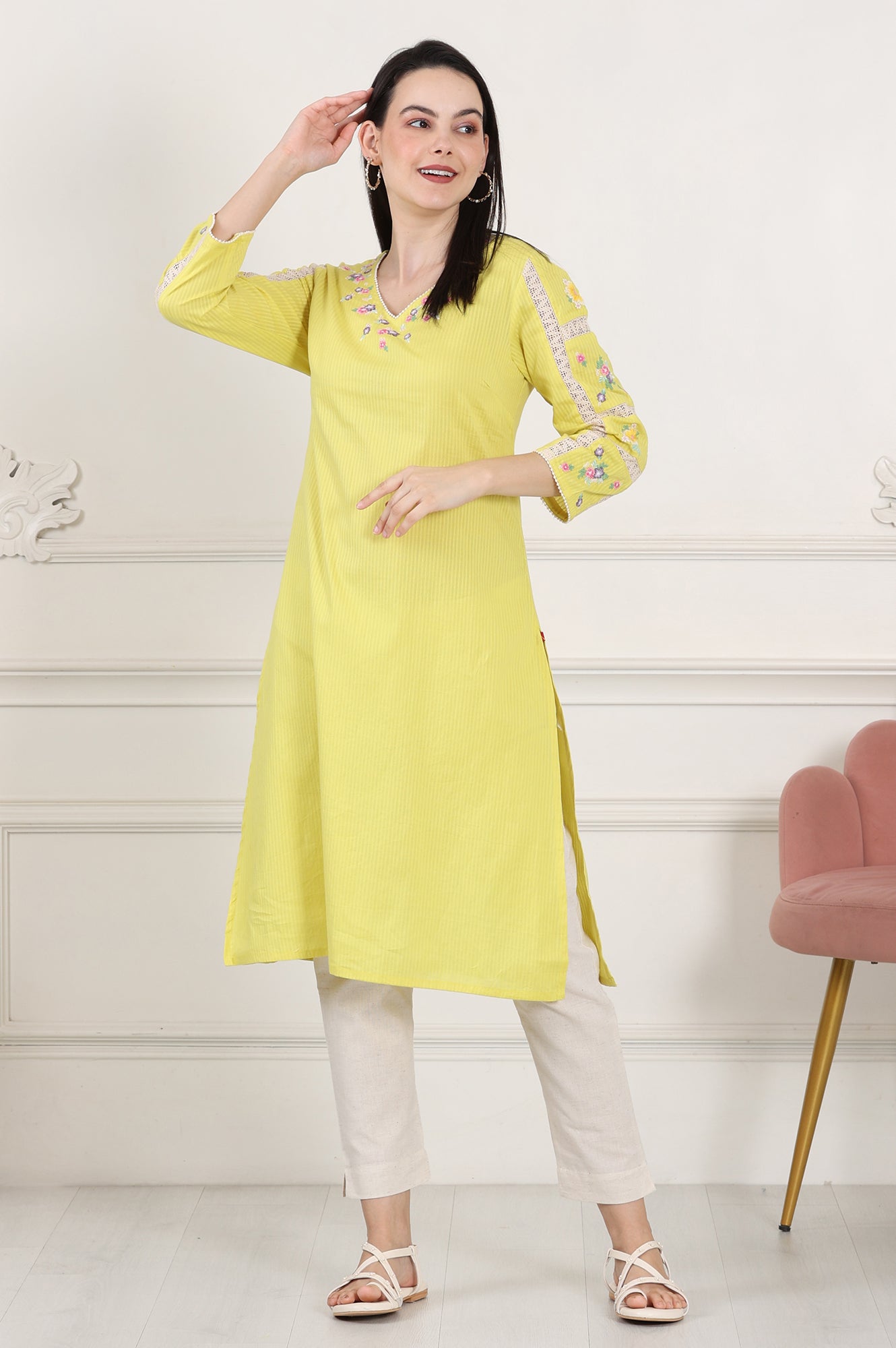 Lemon Yellow Floral Thread Embroidered Pure Cotton Straight Kurta