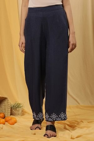 Blue Embroidered Parallel Pants