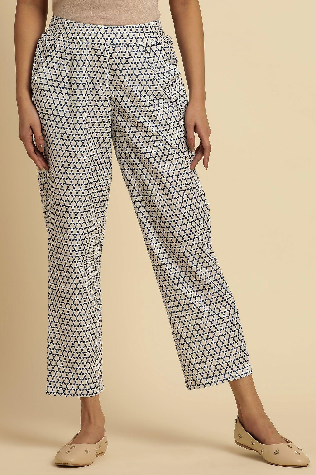 White Straight Pants With Blue Triangle Print