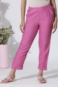 Pink Cotton Flax Straight Pants With Lace Hemline