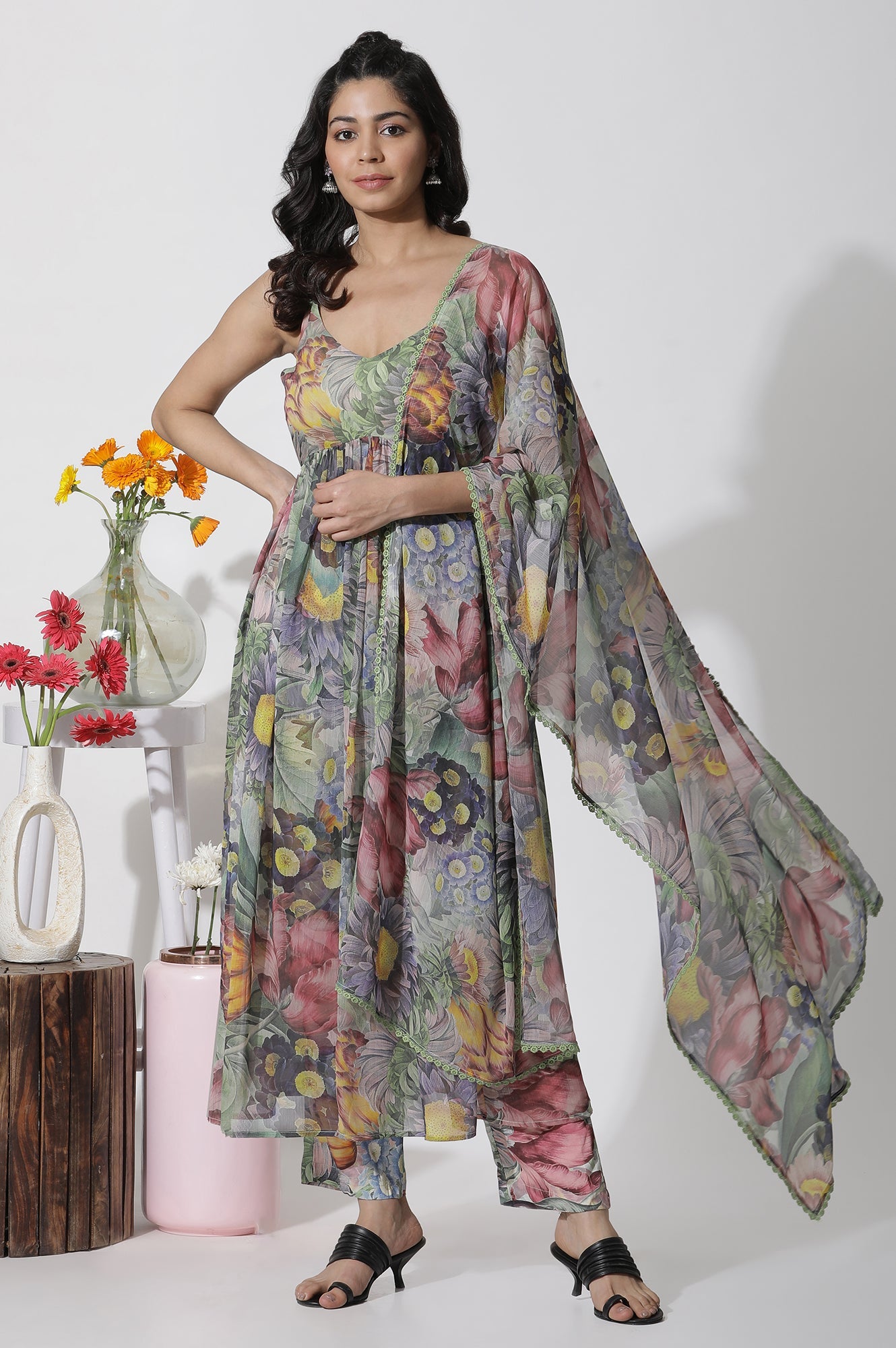 Multi-Coloured Floral Printed Gathered Kurta, Pants And Dupatta Set