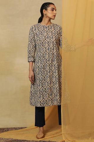 Ivory Jaal Block Printed Kurta In Cotton Slub