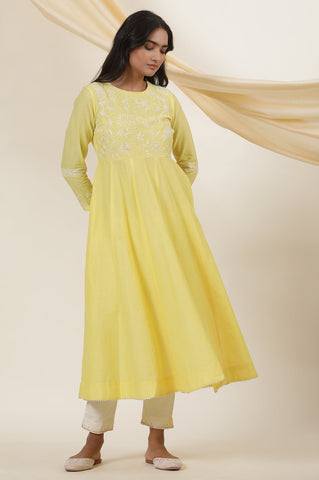 Yellow Chikankari Anarkali Kurta In Cotton Voile