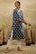 Dark Blue Dabu Block Printed V-Neck Kurta