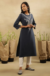 Navy Blue Chikankari Kurta In Cotton Voile