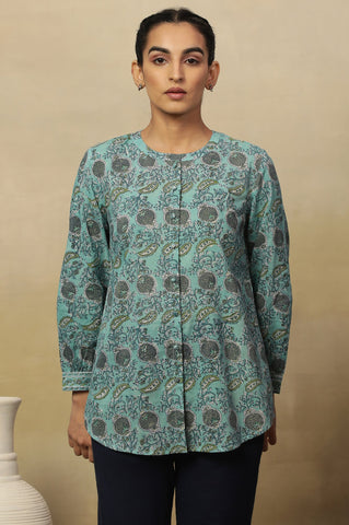 Aqua Blue Block Print Top With Gathered Sleeves