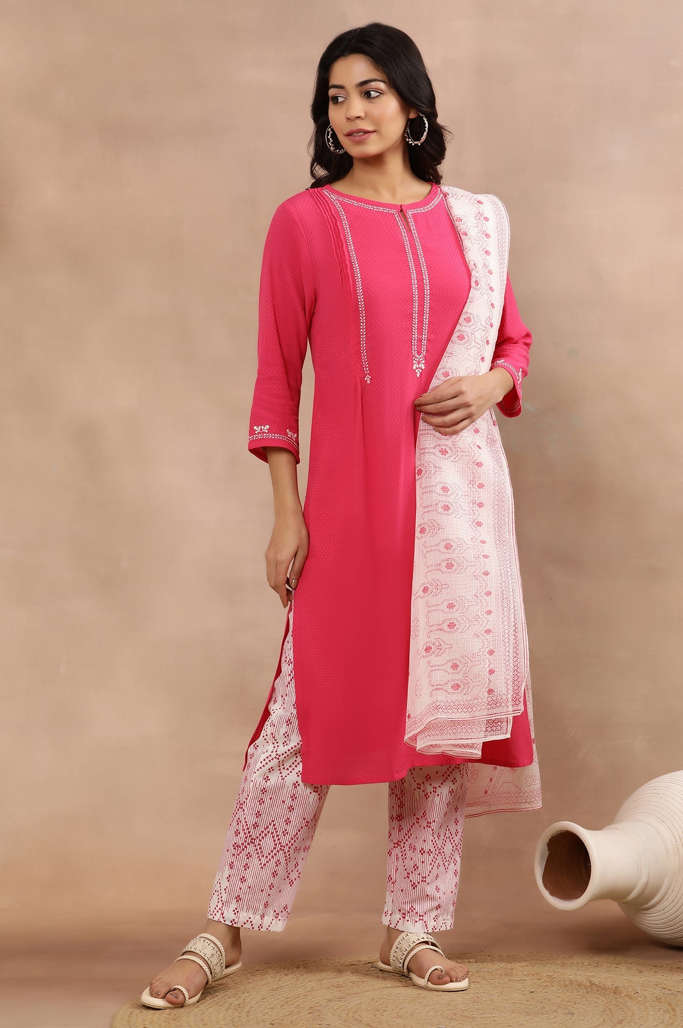 Pink Embroidered Textured Kurta, Pants And Dupatta Set