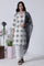 White Geometric Printed V-Neck Cotton Kurta, Salwar With Dupatta Set