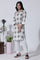 White Geometric Printed V-Neck Cotton Kurta, Salwar With Dupatta Set