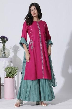 Dark Pink A-Line Embroidered Kurta, Culottes And Dupatta Set