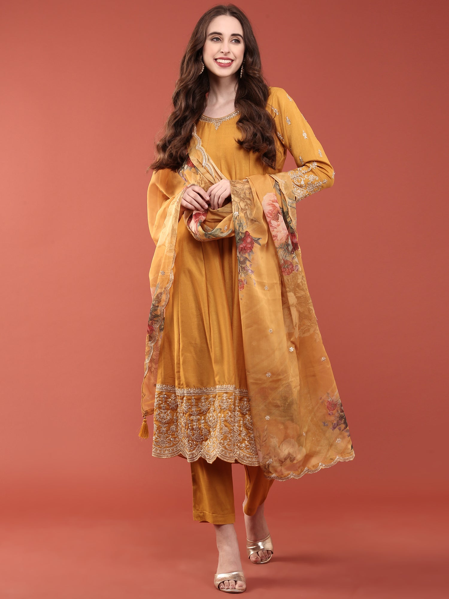 Mustard Vichitra Silk Zari Embroidery Anarkali Set