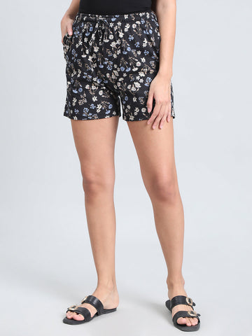 Black Cotton Knit Printed Lounge Shorts