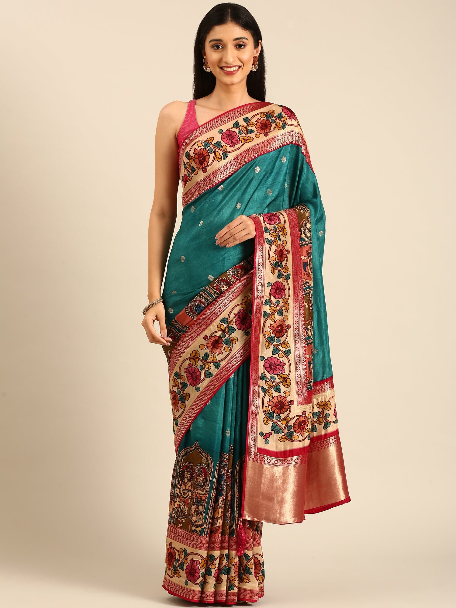 Green Banaras Silk Saree With Kalamkari Printed Border