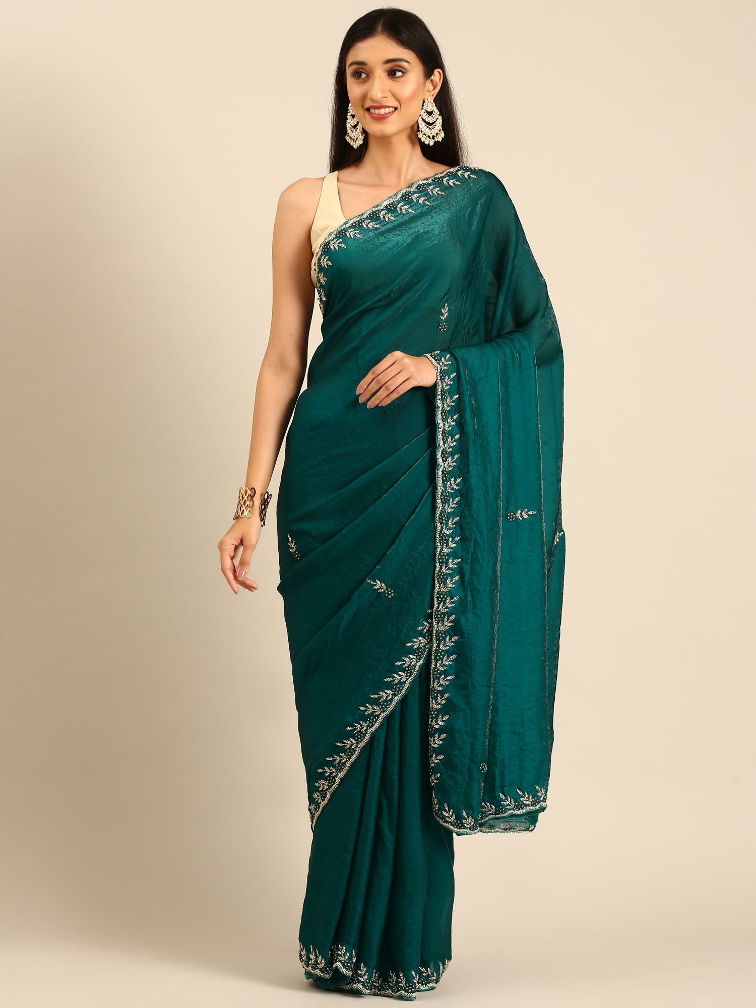 Green shimmer tissue saree with cut Dana & Swarovski embroidery