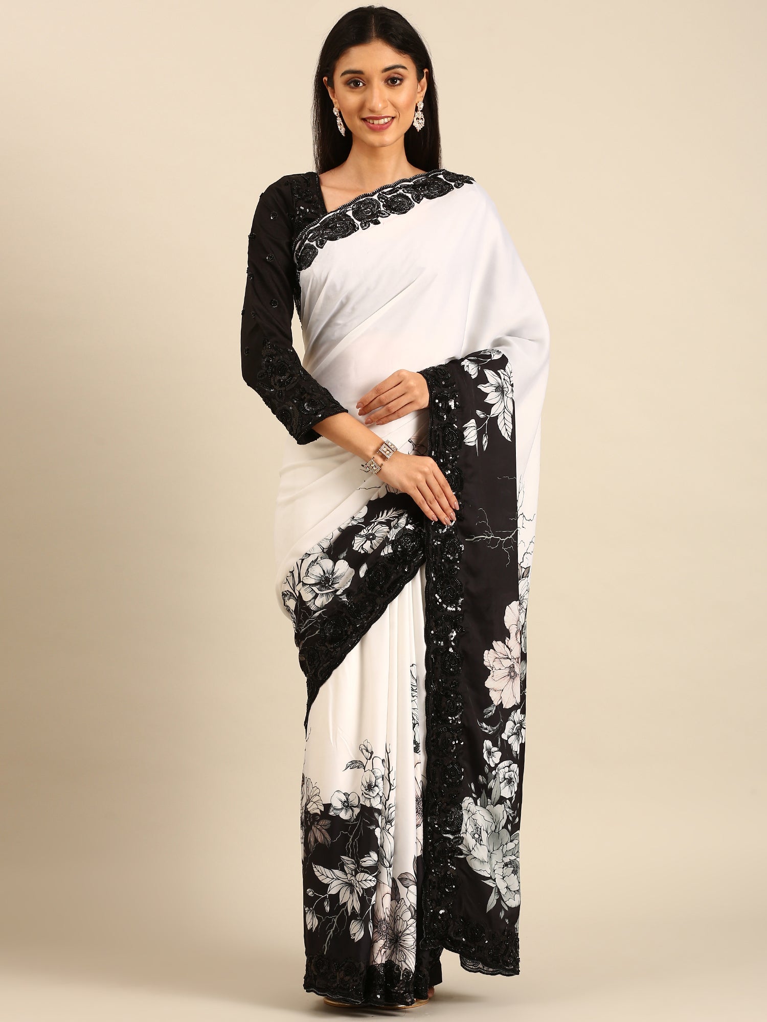 Black & white satin printed saree with hand embroidery & ready made blouse
