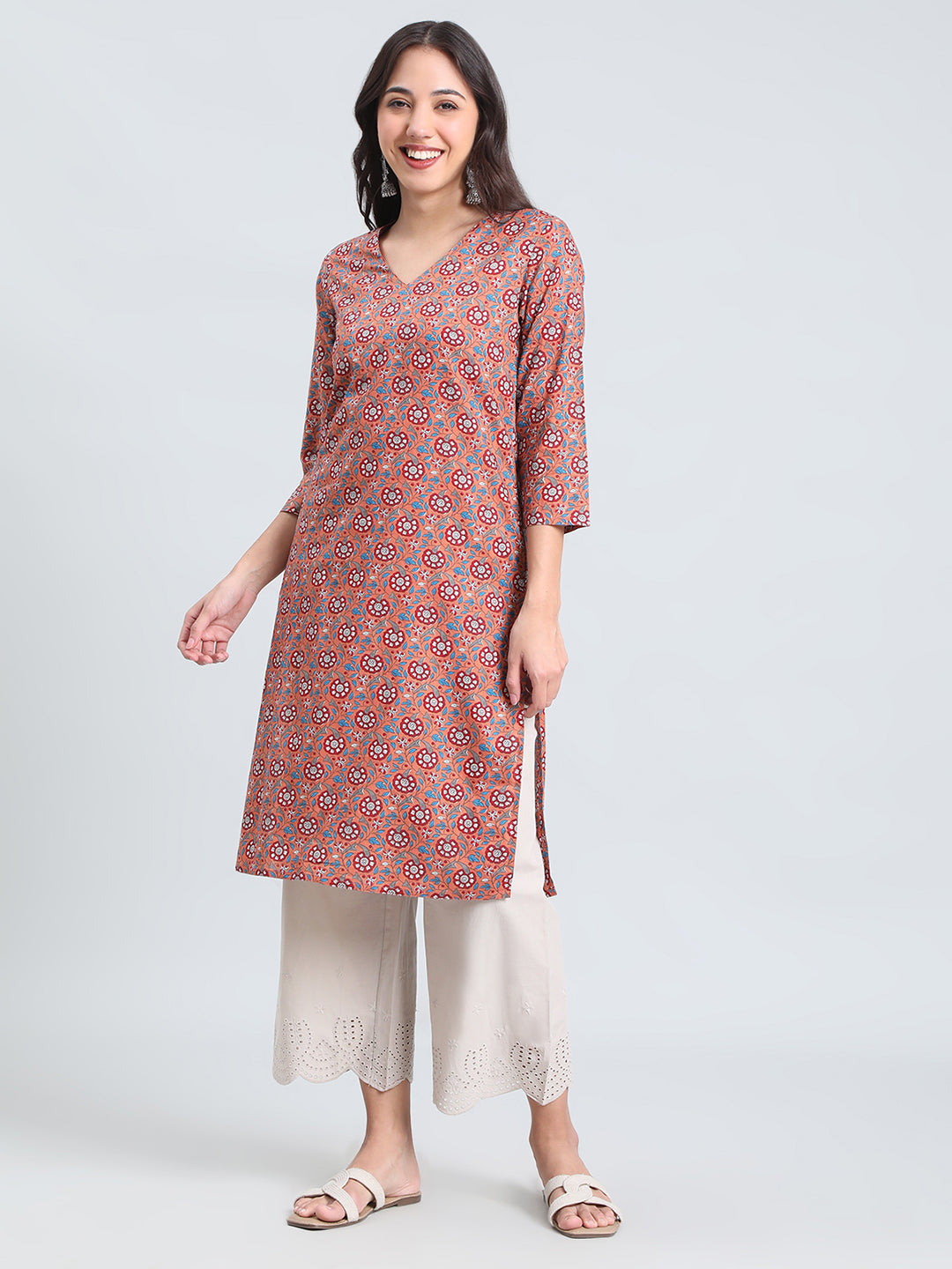 Cotton Ajrakh Floral Print Straight Kurta