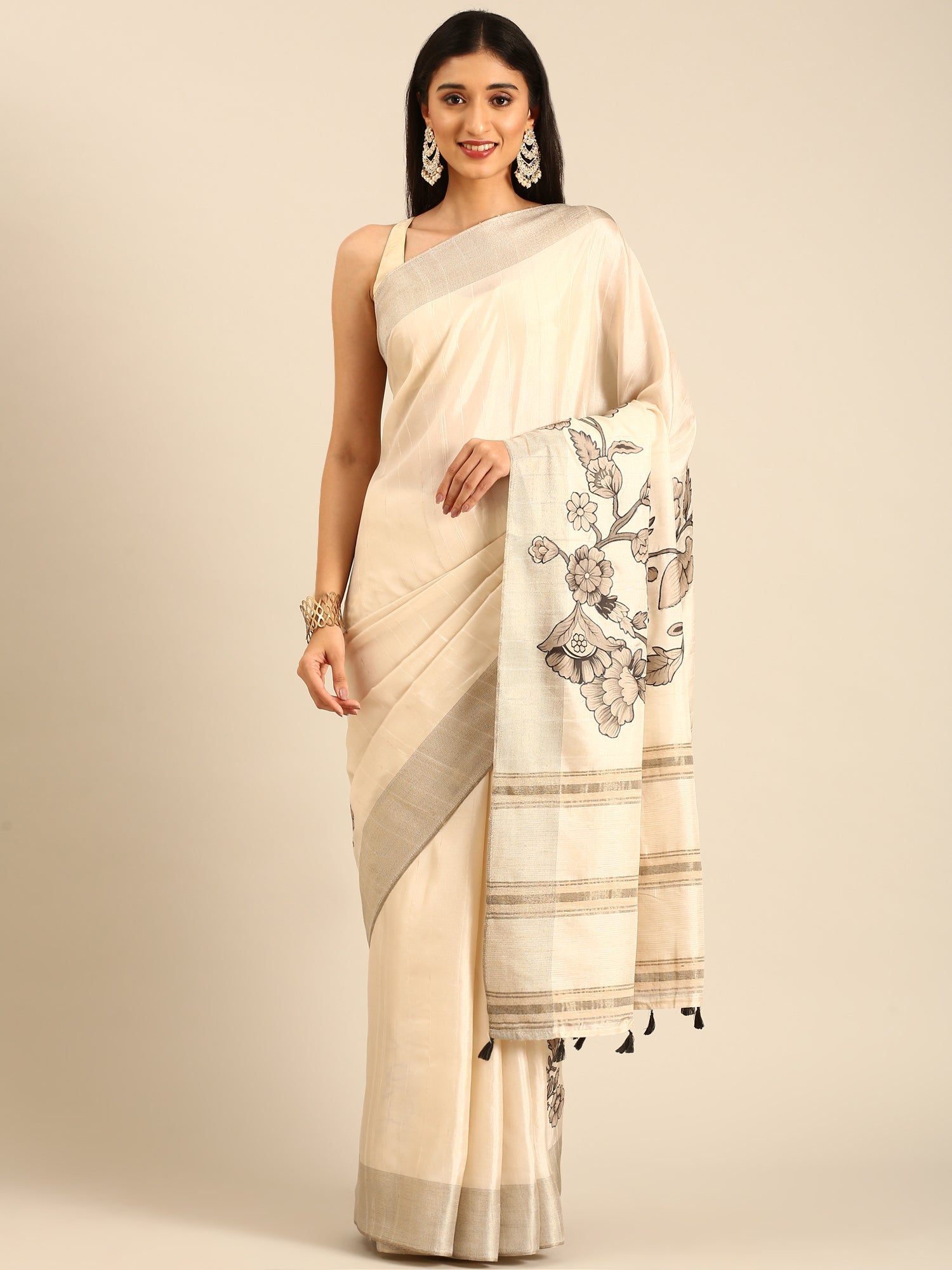 Cream Natural dupion saree with floral print