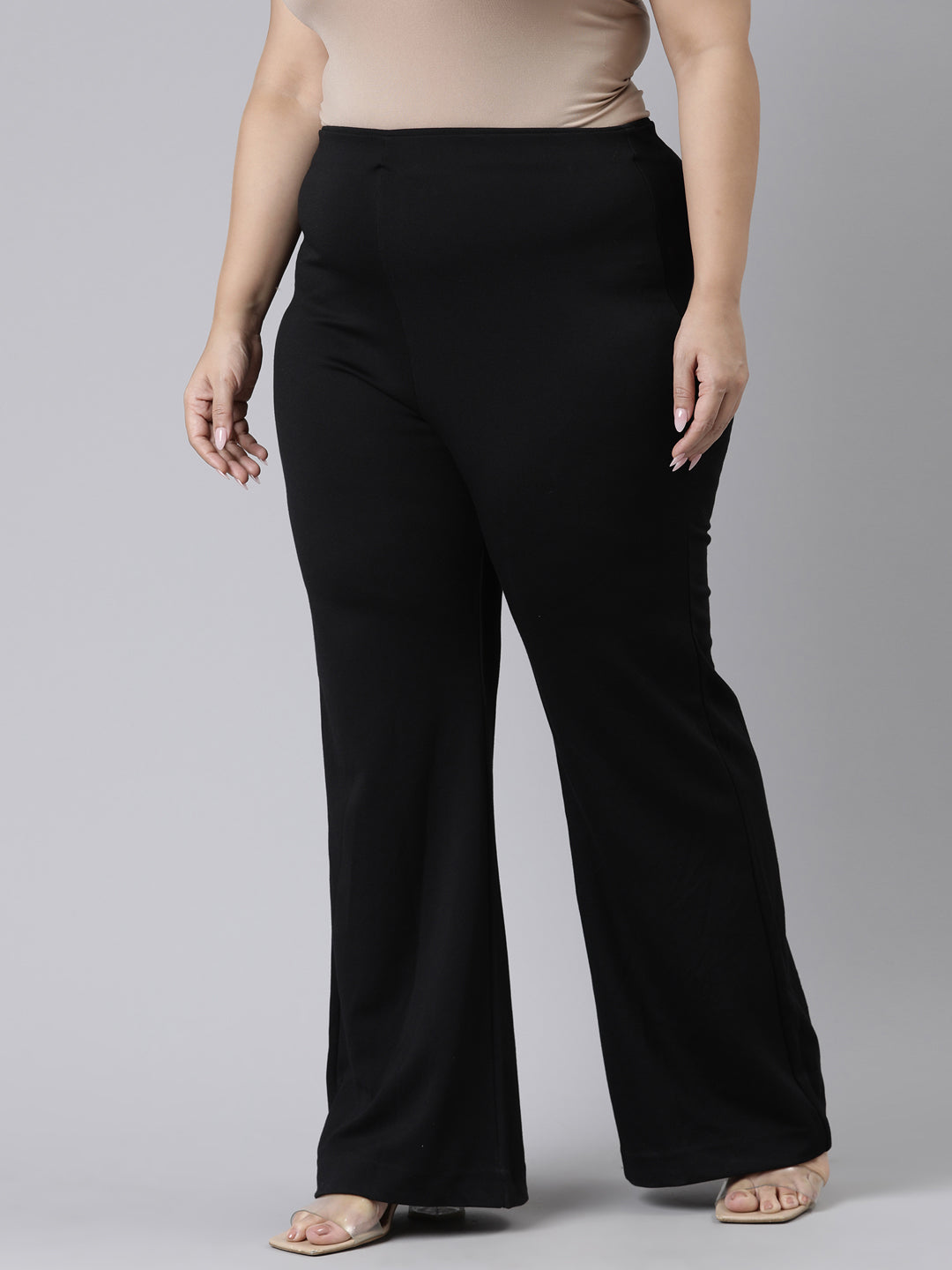 Women Solid Black High Rise Ponte Bell Bottoms