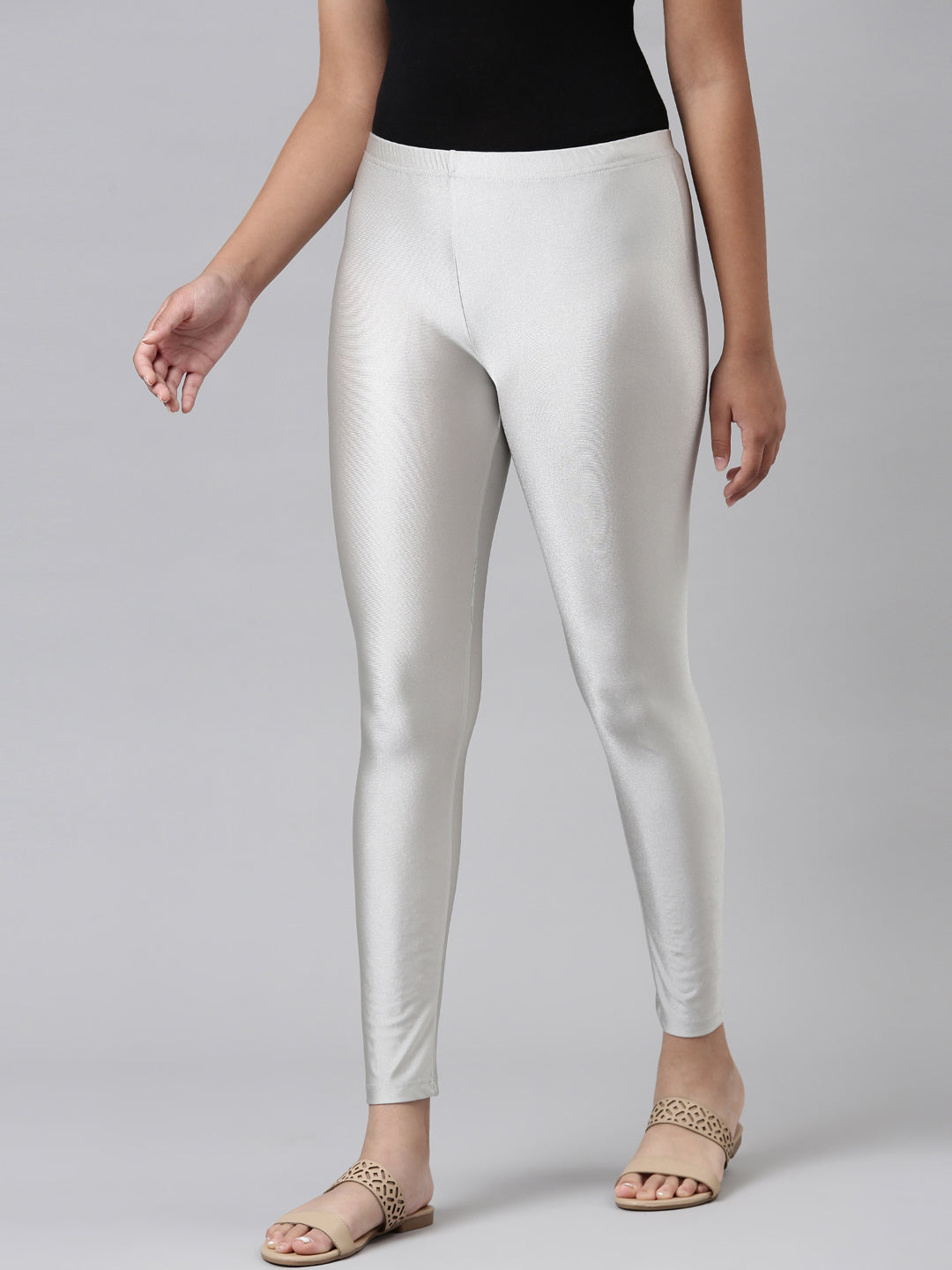 Women Solid Silver Grey Shimmer Leggings