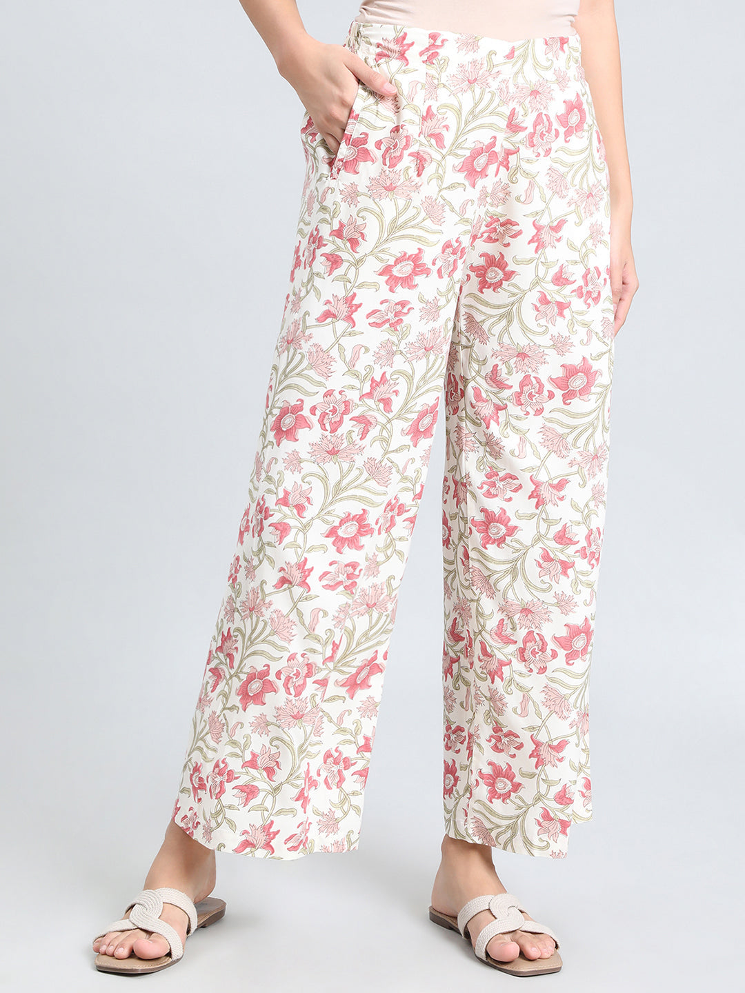 White Woven Viscose Printed Palazzo