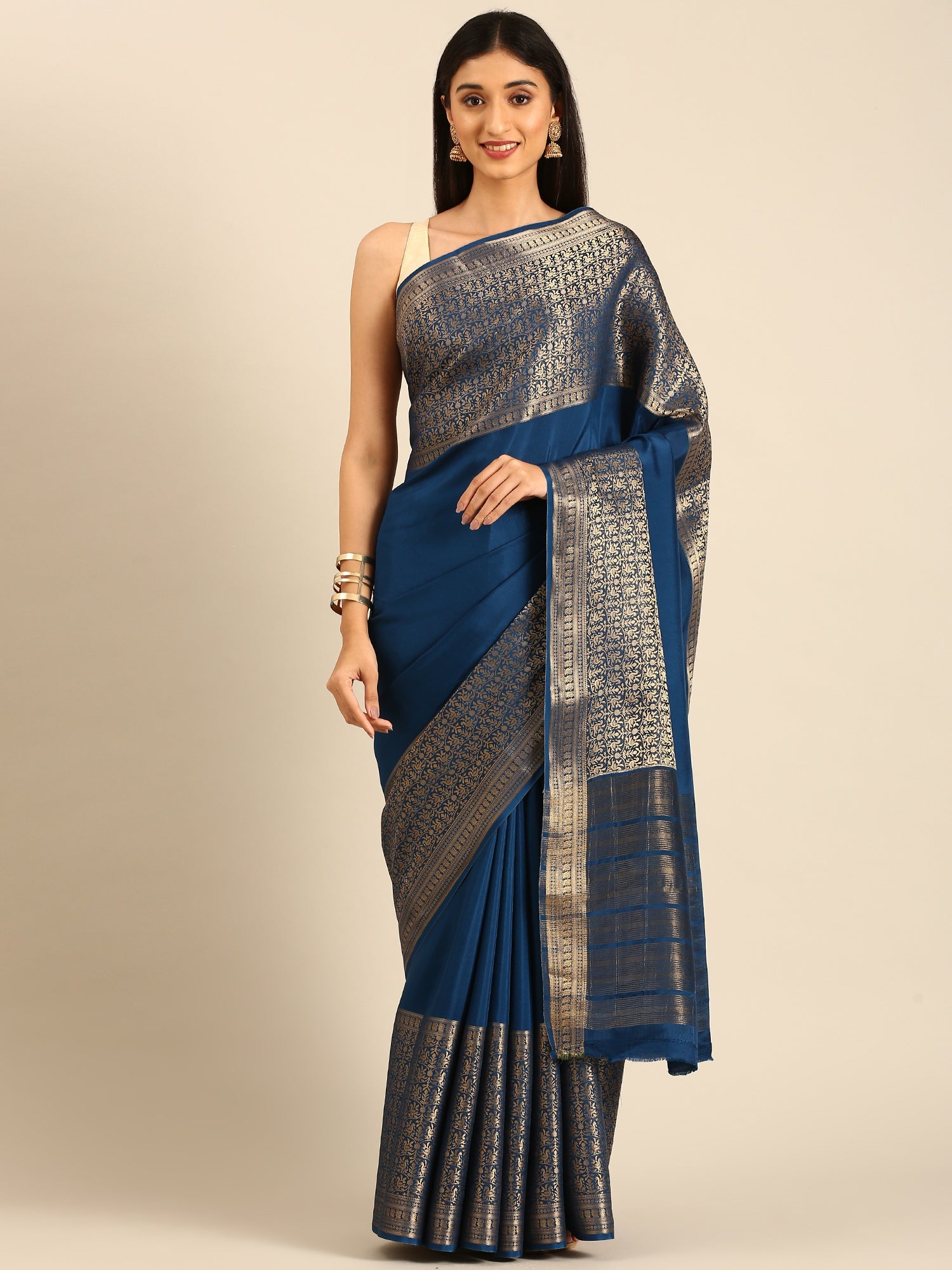 Navy Blue Mysore Crepe Saree With Zari Jaal Border