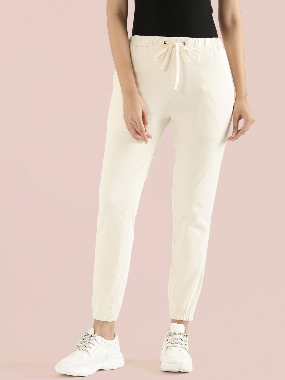 Cream Cotton Poly Stretch Cuffed Joggers