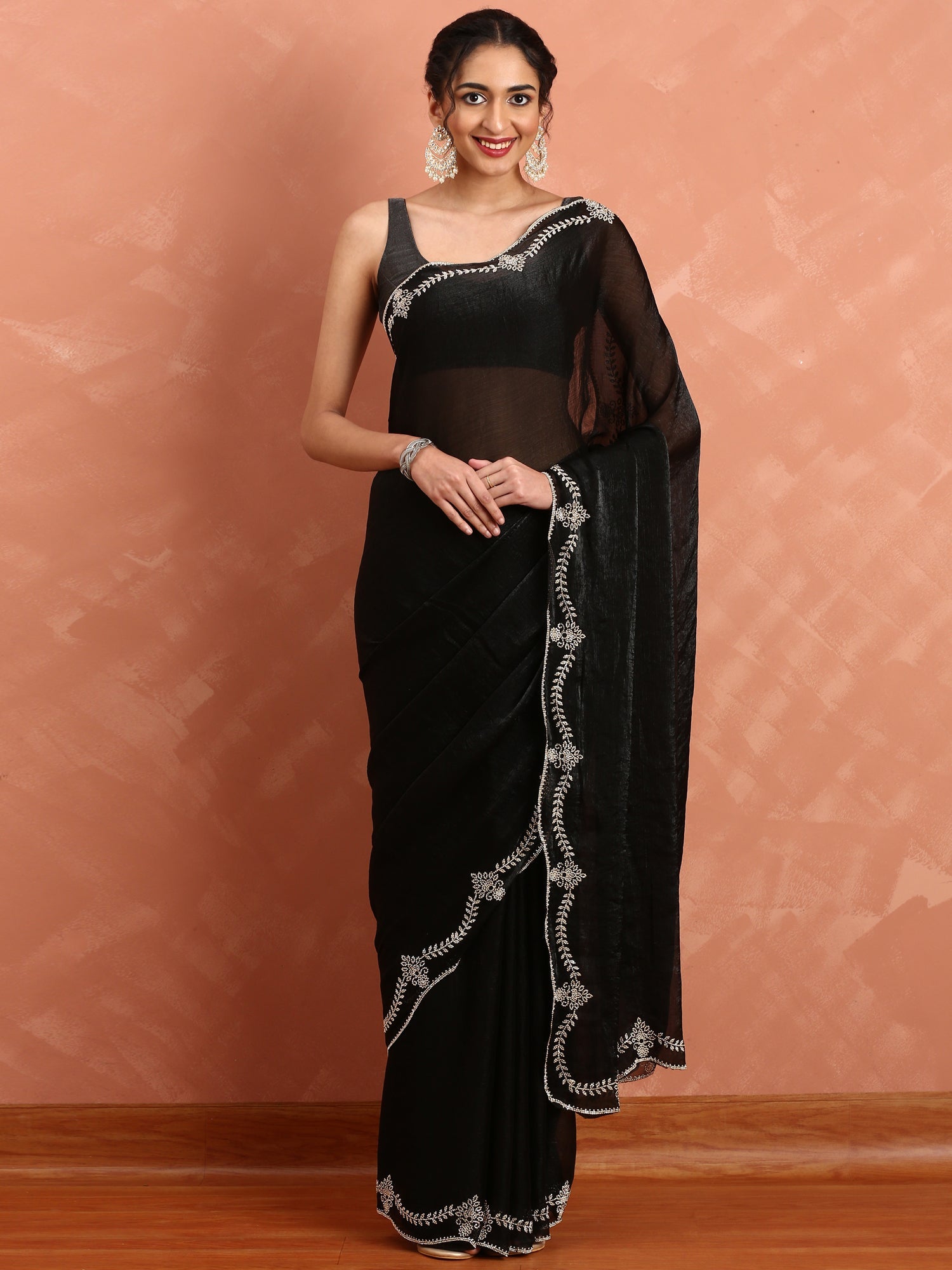 Black Jimmy Tissue Saree With Hand Embroidery
