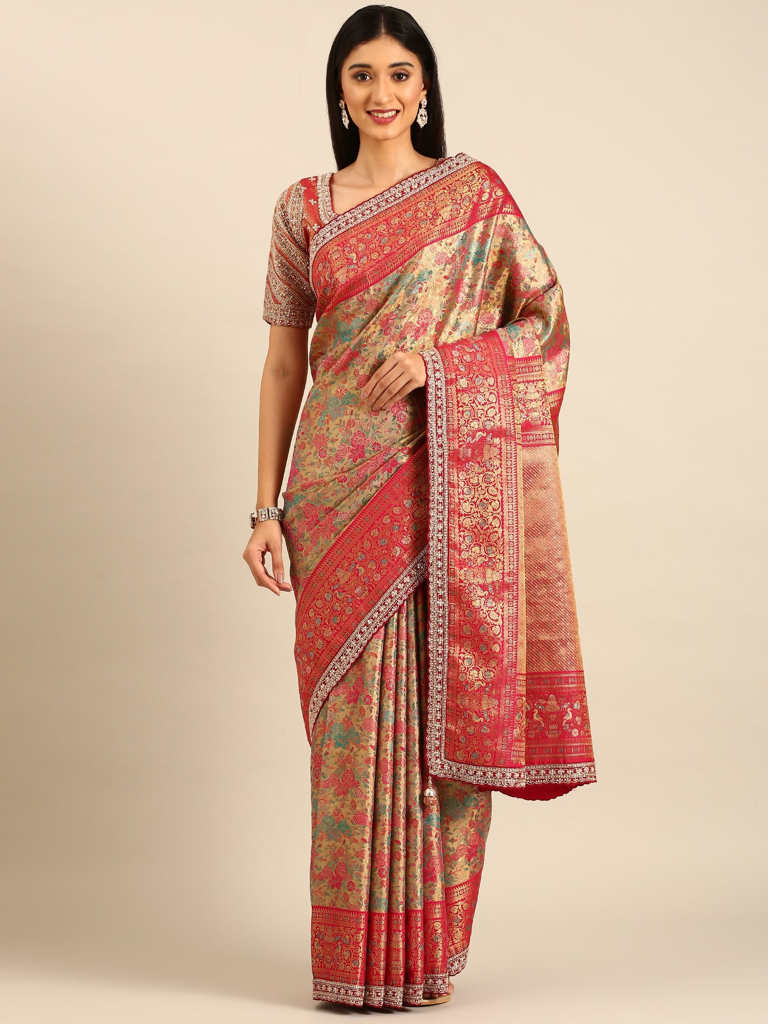 Banarsi silk saree with meenakari jaal , border & hand embroidery on border and readymade heavy blouse