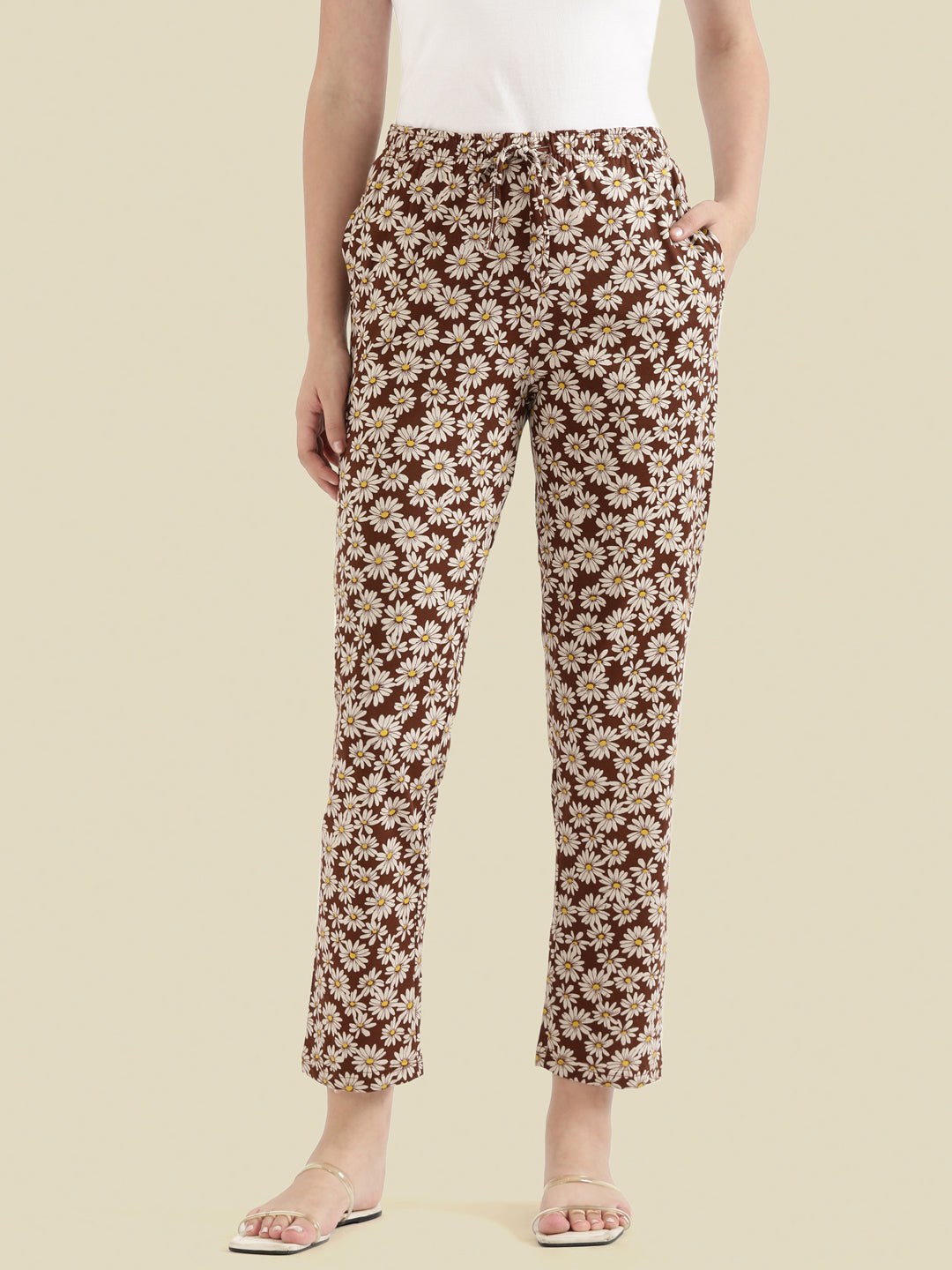Brown Cotton Knit Printed Lounge Pants