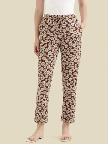 Brown Cotton Knit Printed Lounge Pants