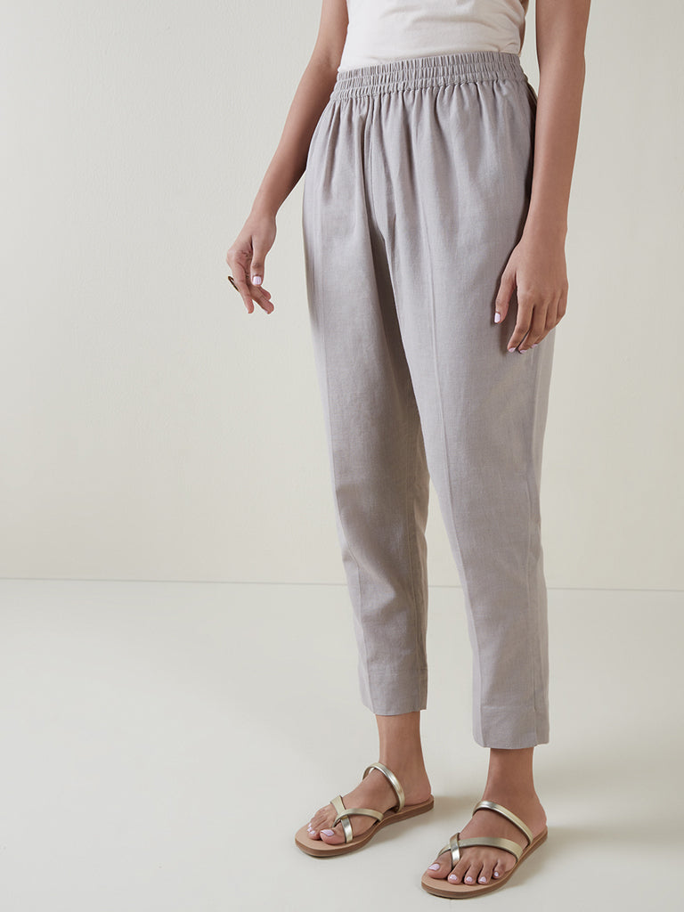 Utsa Dark Beige Tapered Blended Linen Cropped Pants