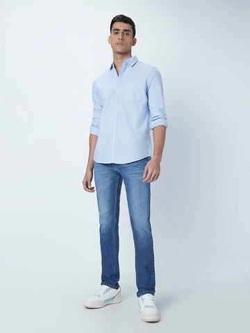 WES Casuals Light Blue Cotton Slim-Fit Shirt