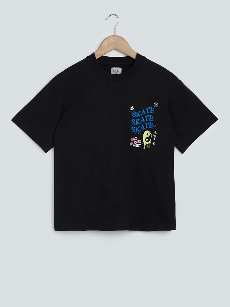 Y&F Kids Black Text-Printed T-Shirt