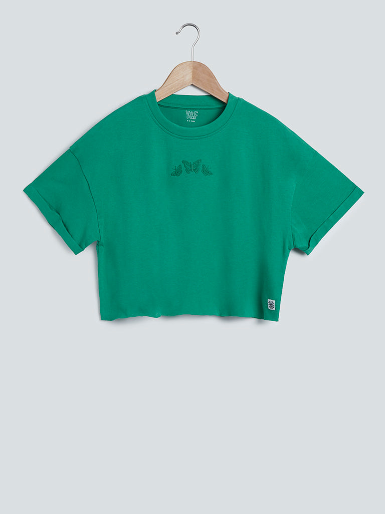 Y&F Kids Green Butterfly Print Boxy Crop T-Shirt