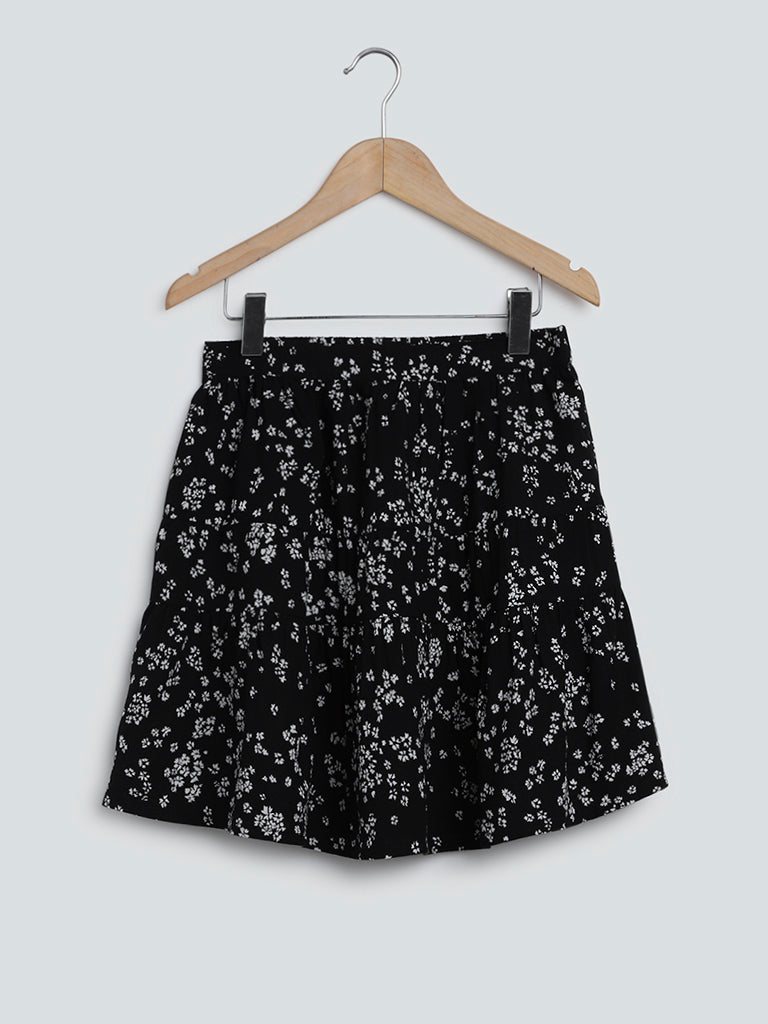 Y&F Kids Black Floral-Printed Tiered Skirt
