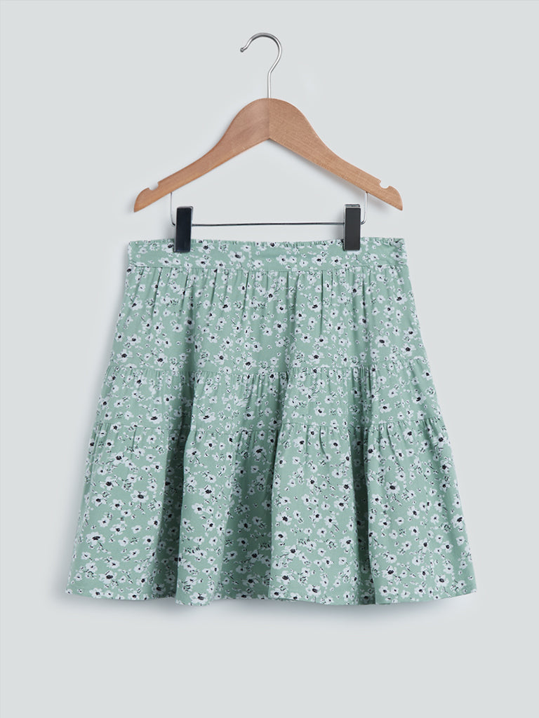 Y&F Kids Sage Floral Print Tiered Skirt