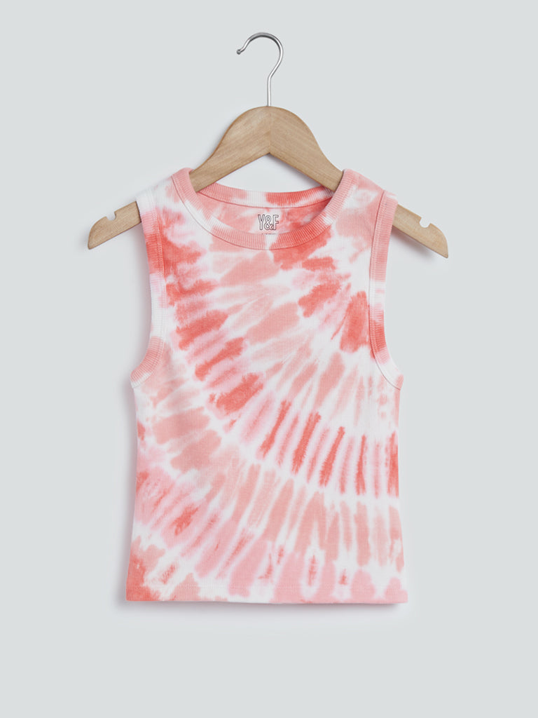 Y&F Kids Peach Tie-Dye Print Ribbed T-Shirt