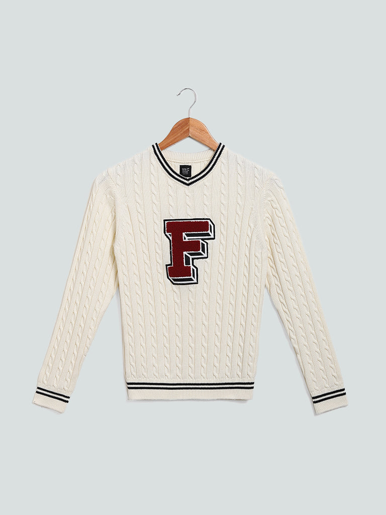 Y&F Kids Self Patterned White Sweater