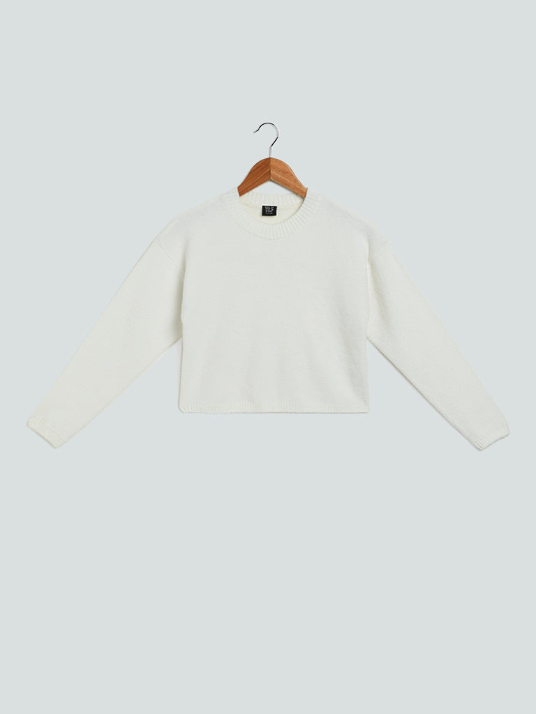 Y&F Kids Plain Off White Crew Neck Sweater