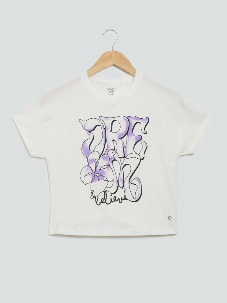 Y&F Kids Floral Printed Off-White T-Shirt